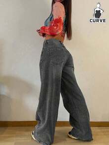 سراويل جينز نسائية عتيقة كاجوال ذات خصر مطاطي فضفاضة وساق مستقيمة - رمادي غامق - مشاهدة 2