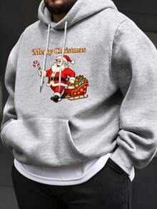 1pc Plus Size Men Santa Claus Print Thermal Lined Hooded Sweatshirt, Suitable For Christmas And Daily Wear, Autumn/Winter, Long Sleeve Top
