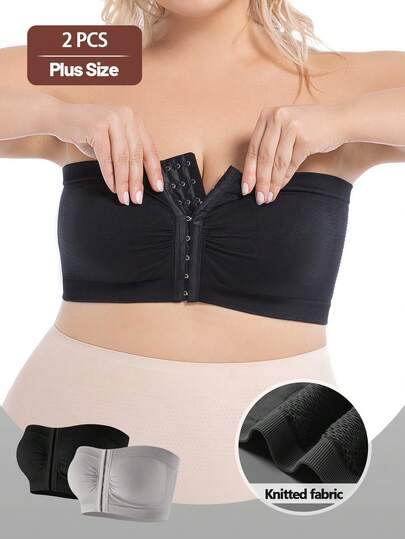 2 piezas Sujetadores tipo bustier de talla grande, Sujetadores push up con cierre delantero, Sujetadores sin tirantes cómodos y transpirables con parches de malla, para uso diario (Gris, Negro)