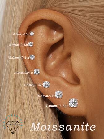 EleRunis 1 pieza 0.03-1.2 Quilate Ajuste de 4 garras Pendientes de diamante de compromiso redondos incoloros de moissanita para cartílago y hélice con rosca para uso diario, fiesta, aniversario, San Valentín, boda y novia