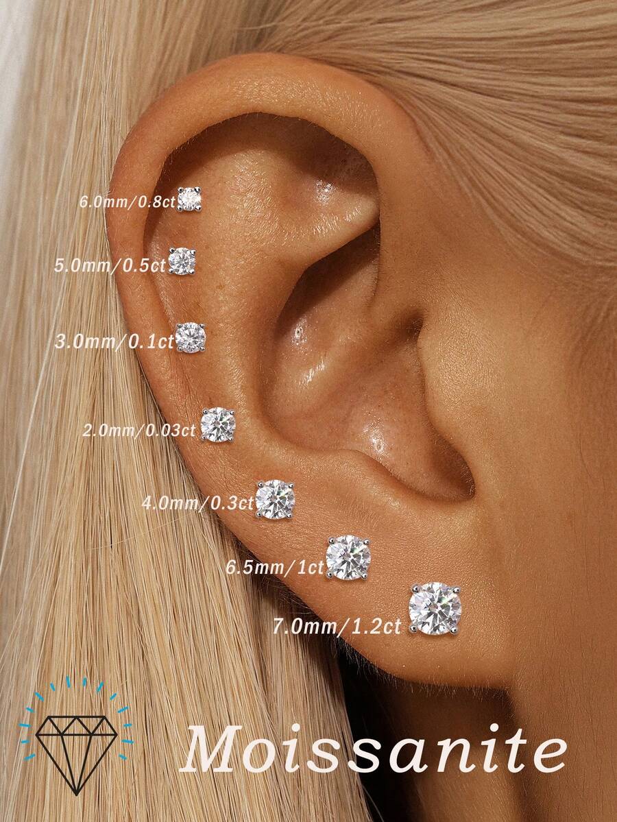 EleRunis 1颗0.03-1.2克拉四爪镶嵌圆形无色莫桑石耳骨螺旋穿刺耳钉，适合女性日常佩戴、派对、周年纪念、情人节、婚礼、新娘首饰