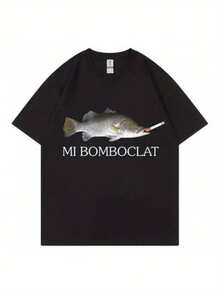 Funny Bomboclat Fish Meme T-Shirt - Y2K Streetwear Style, Black Short Sleeve Tee With MI BOMBOCLAST Print, Casual Crew Neck, Regular Fit For Men And Women, Casual Wear  Playful Print  Comfortable Fit - 黑色 - 查看 1