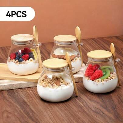 11.96 Oz Glass Cup, Overnight Oats Cup Set 1/2/3/4 Pcs, Salad Bowl, Oatmeal Canister, Lid & Spoon Meal Prep Container, Glass Jar, Sesame, Pudding, Yogurt