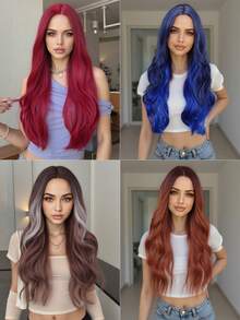 自然逼真的26英寸红棕色长波浪卷发耐热合成假发，中分设计，适合日常和派对佩戴 - 彩色 - 查看 1