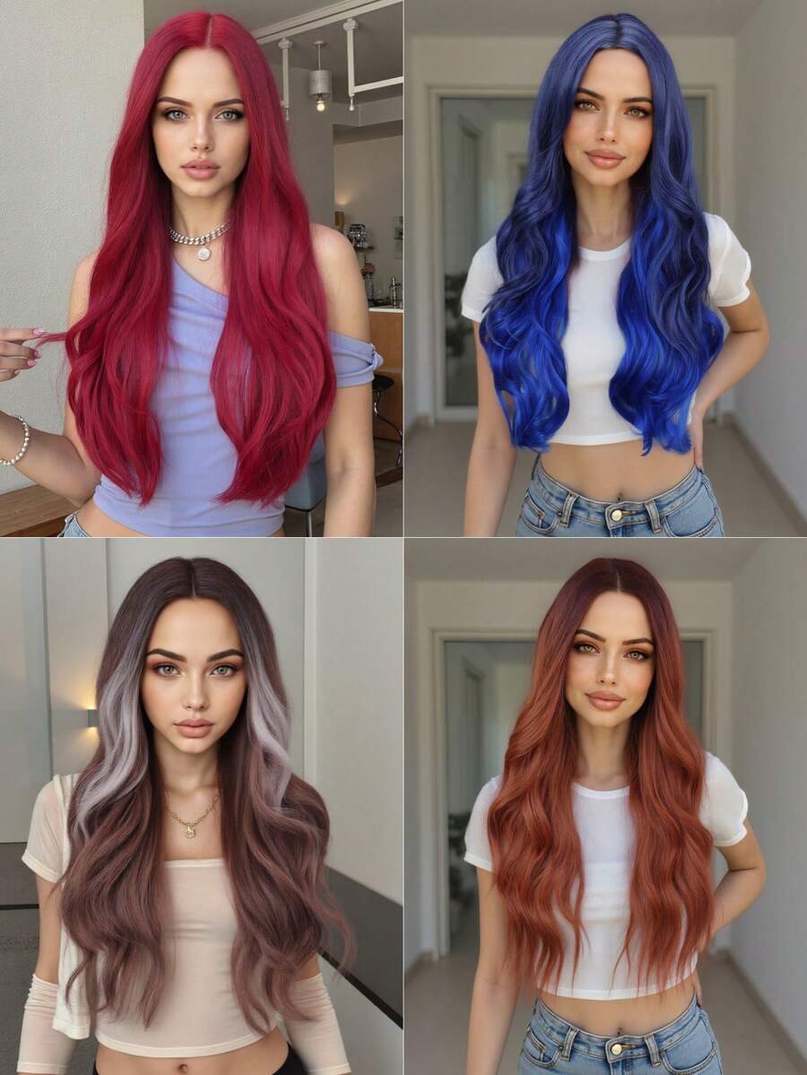 自然逼真的26英寸红棕色长波浪卷发耐热合成假发，中分设计，适合日常和派对佩戴 - 彩色 - 查看 1