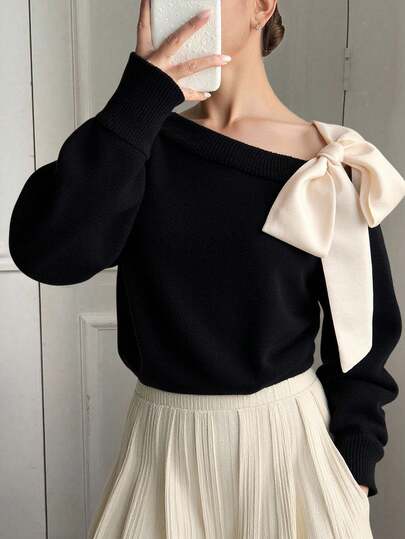 Livesso 女士撞色不对称肩部宽松休闲蝴蝶结毛衣，秋季百搭