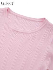 DONICY Damen rosa tailliertes Crop Top, Rundhalsausschnitt Langarm, eleganter, süßer minimalistischer Stil, geeignet für Outdoor-Aktivitäten, Lässig Kleidung, Büropendeln, Feierlichkeiten im Frühling und Herbst - Pink - Übersicht 8