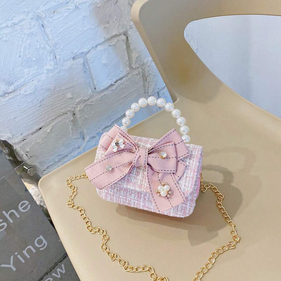 Princess Style Chain Bag Pearl Accessories Cute Children's Handbag Bow Unique Girl's Shoulder Bag - 9558 Diamond Bow Pink - View 1