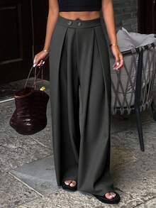Livesso Women Solid Color Pleated Casual Pockets High Waist Wide Leg Pants,Back To School Clothes - Grey - View 2