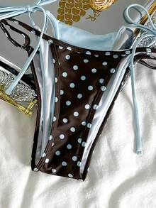 Dam retro prickig och sexig bikiniset med fläskkotletttryck, ljusblå och brun prickig asymmetrisk A-linjeformad ärmlös kort bikini, lämplig för vinter, utflykter, födelsedag, casual, millennium, westernstil, nattklubb, strandsemester sommar - blåbrun - Visa 10
