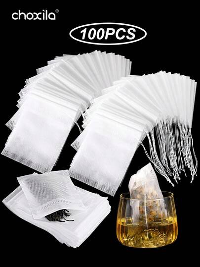 choxila 100pcs/Set Tea Filter Bags, Disposable Tea Filters, Suitable For Loose Leaf Tea, Made Of Natural Materials, With Pull Cord, Empty Tea Bags, Suitable For Loose Leaf Tea, Spices, Herbs