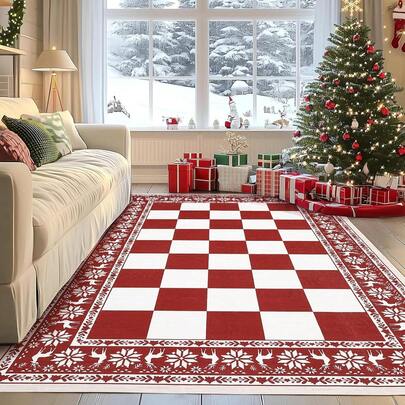 5x7 Area Rugs For Living Room, Checkered Christmas Rugs For Holiday Decor, Non Slip Low Pile Washable Rug For Dining Room, Bedroom, Red