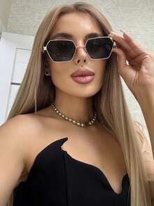 1 pieza Gafas con marco metálico geométrico pequeño, gafas de estilo para salidas de moda - Negro - Ver 2