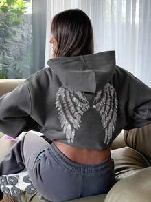 Women's Casual Graphic Print Loose Fit Thermal Lined Hoodie Sweatshirt, Long Sleeve, Winter - Dark Grey - View 6