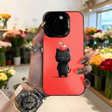 Cubierta de telefono con diseño de gato negro y manzana roja color rojo brillante funda protectora con estampado divertido y elegante ideal para amantes de los gatos y estilo moderno perfecta para uso diario en la ciudad o eventos sociales Aplicable a los teléfonos de la serie Apple y Galaxy - Negro - Ver 2