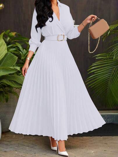 Elegant Waist-Cinched Lightweight Solid Color Pleated Skirt With Belt, Vintage Dress For Wedding Events & Birthday