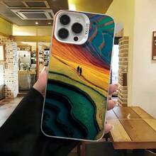 Cubierta de telefono con diseño de paisaje abstracto multicolor para iPhone 14 Pro Max  de proteccion resistente a golpes con impresion de caminantes en campo dorado y texto 80 000 para uso diario en cafeterias y viajes - Negro - Ver 3