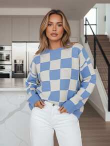 Womens Fall Winter Sweater Loose Fit Casual Checkered Ribbed Trim Crew Neck Long Sleeve Knit Tops - 藍色 - 查看 5