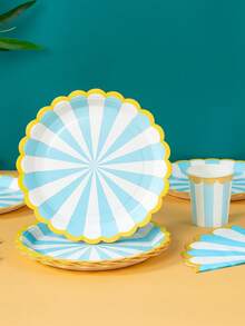 Blue & White Striped Petal-Shaped Disposable Plates, Napkins, Cups - Party Supplies For 25 Guests, Disposable Paper Plates Suitable For Birthday, Wedding, Party, Family Picnic - Multicolor - View 3