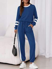 PRETTYGARDEN Women Fall 2 Piece Lounge Outfit Long Sleeve Tops High Waisted Jogger Pants Set Spring Travel Clothes Tracksuit New Years Valentine Vacation Outfit For Women - 深藍 - 查看 5