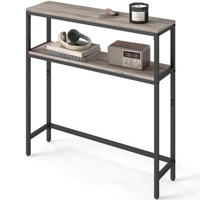  VASAGLE Console Table, 2-Tier Sofa Table, 7.9 X 31.5 X 31.5 Inches, Narrow Entryway Table, Modern Entry Table With 2 Shelves, For Living Room, Bedroom, Heather Greige And Ink Black
