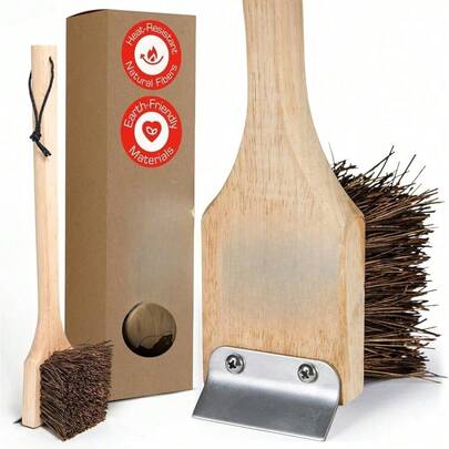 The Original Non Metal Grill Brush For Outdoor Gril | High Temp Heat Resistant BBQ Cleaning Brush | Long Lasting Wooden BBQ Cleaner With Scraper,  For Cast Iron Grates - Natural Wood