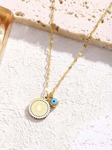 1件不锈钢圆形人像吊坠项链，时尚波西米亚风格，百搭女士饰品，适合日常佩戴、聚会、节日和派对（OPP袋包装） - 金黃色 - 查看 6