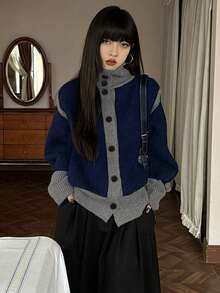 Áo khoác cardigan dệt kim phối màu tương phản, thiết kế retro giản dị, độc đáo, thích hợp cho mùa Thu/Đông. - Hải quân - Xem 5