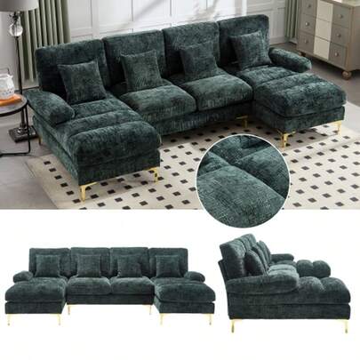 Modern Large Chenille U-Shape Sections With Double Liegesitzen Für Wohnzimmer Schlafzimmer Büro Wohnung Villa Wohnzimmer Zuhause Am Kamin, Smaragd
