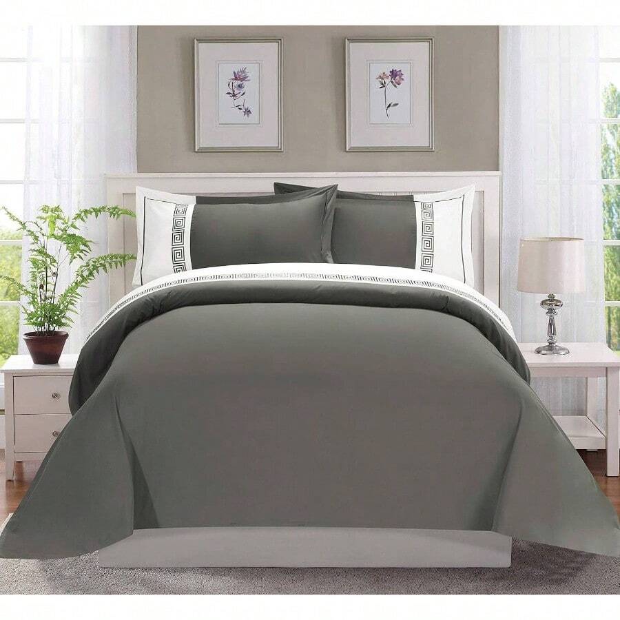 Luxury - Soft Coziest 1500 Thread Count Egyptian Quality 3 - Piece Greek Embroidered Duvet Cover Set, Insert Comforter Protector Wrinkle - Full/ Gray/White - Blanco + Queen - Ver 1