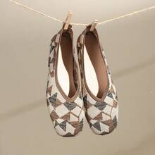 女士公主鞋，撞色几何图案方头针织鞋，女士低帮舒适透气乐福鞋 - 棕米色 - 查看 15