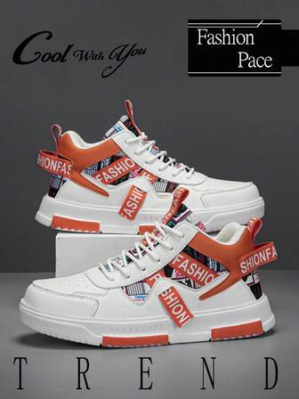 Men's Personalized Contrast Color Random Print Webbing Patchwork Low-Top Casual Sports Shoes, For Teenagers, Comfortable High-Top Outdoor Daily Wear Sneakers