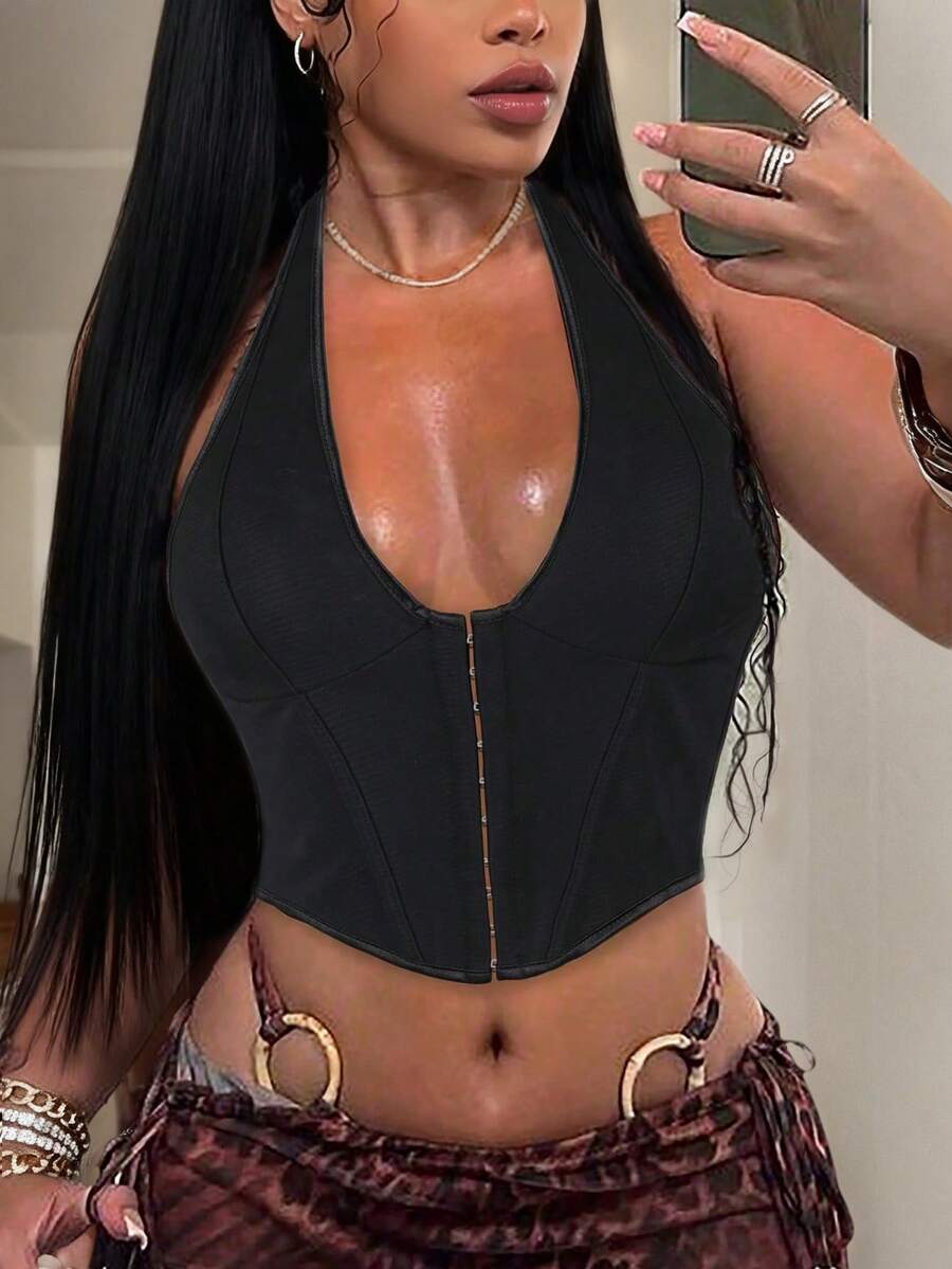 Apperloth A 性感深V领抹胸吊带背心，带钢圈，前系带，后系带，短款派对吊带，黑色夏季