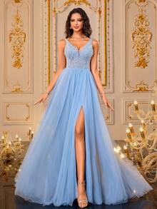 VIPGIRL New V-Neck Sleeveless Sequin Patchwork Elegant Mesh Formal Evening Gown, Flattering Leg Length - View 3