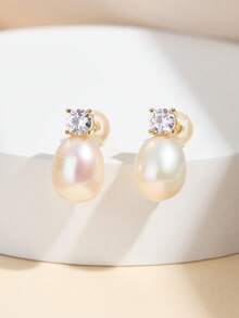 AETOLIA Elegant Princess Style 925 Sterling Silver Necklace & Earrings Set With 7-9mm Oval Freshwater Pearls For Women, Daily Wear, Wedding, Party, Birthday Gift - Yellow Gold - View 12