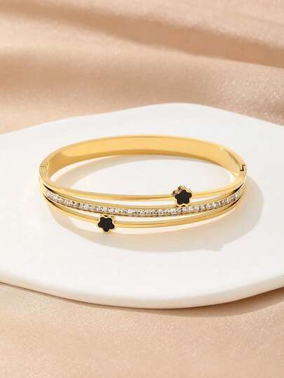 1pc Stainless Steel Cubic Zirconia Black 5-Petal Flower Design Bracelet, Fashionable, Versatile, Suitable For Street, Daily, Holiday, Party Wear (OPP Bag Packaging)