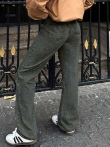 女士休闲浅蓝色直筒牛仔裤，带口袋，无弹力面料，适合日常穿着 - 藏蓝色 - 查看 6