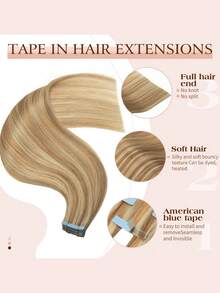 20PCS/50G Par Pack Of Adhesive Hair Extensions Premium Hair 100% Natural Remy Hair, 35 To 61 Cm, Nature Black, Hair Extensions Humains Haut De Gamme Conçues Pour Les Femmes à Usage Quotidien, Extensions à Bande Adhésive, Pose Rapide, Discrète Et Durable, Extensions Adhesives Ideals For A Rajout De Cheveux Immédiat, Pose Sans Chaleur Et Respectent La Fiber Capillaire - S18/613 - Xem 3