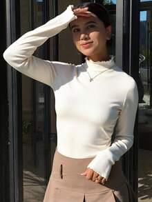 Livesso 纯色高领长袖女式上衣 - 杏色 - 查看 3