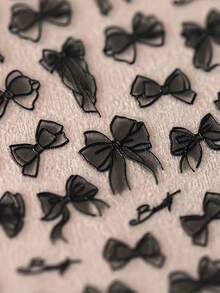 3D Embossed Black & White Lace Bow Stickers - Cartoon-Style Self-Adhesive Polyurethane Decals For Nails, Phone Cases, Journals - Glossy Finish, Irregular Shapes, DIY Crafts, Lace Nail Stickers, Journal Decoration, Craft Embellishments, Cartoonish Bows, Singleuse Decor - 黑色 - 查看 7