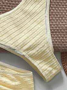 Bikinx 女士三件套度假套装，纯色纹理面料比基尼泳衣，侧边抽绳迷你裙，沙滩夏季装 - 黃色 - 查看 6