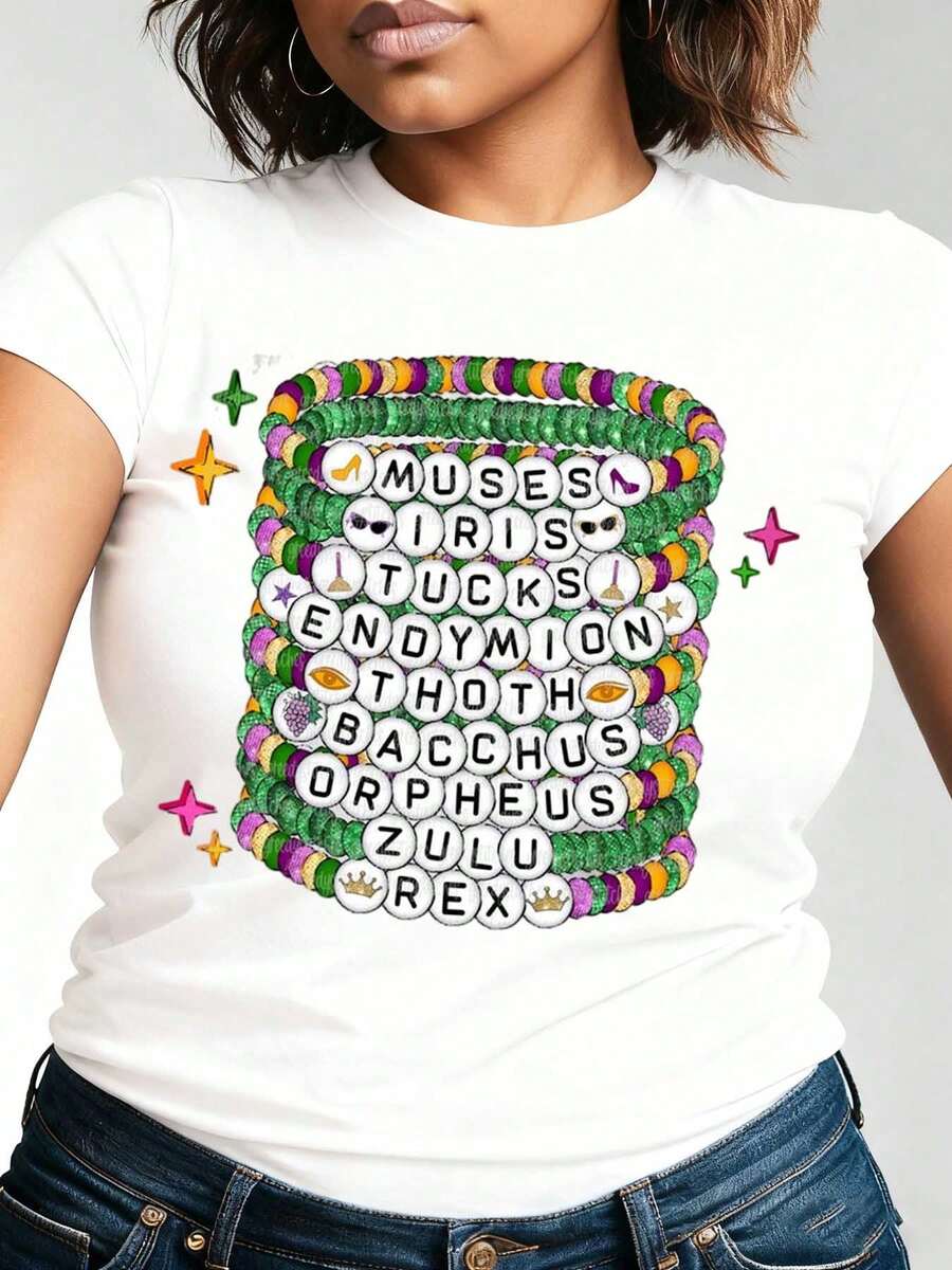 Women's Carnival Carnival T-Shirt With Mardi Gras Beads And Mythical Names Print ,Cotton Fabric,Festive Carnival Party Wear,Festival Wear For Women - trắng - Xem 1