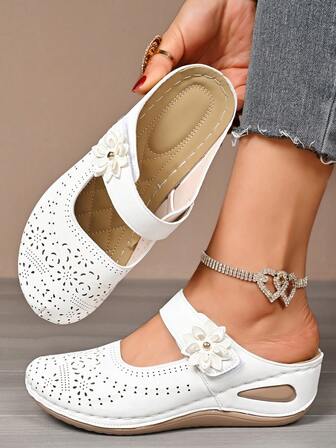 Plus Size Floral Wedge One-Strap Thick-Sole Beach Slide Sandals, New Summer 2025 Women Shoes Closed Toe