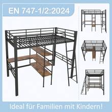 High Bed, 90*200cm, Without Mattress, Bed With Desk, Multiple Shelves, Railing, Ladder, Iron Frame, Black - 黑色+金屬+90cm*200cm - 查看 4