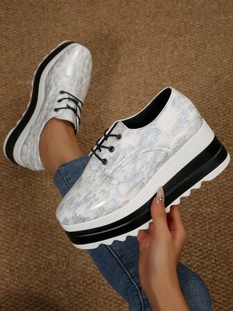 Leopard Print Platform Lace-Up Square Toe Thick Sole Wedge Heels & Chunky Sole Shoes For Women, All Season