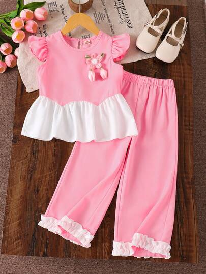 Set de 2 piezas, Parte superior con cuello redondo y mangas abullonadas con decoración floral y dobladillo con volantes + Pantalones sueltos cómodos, Adecuado para uso diario u outdoor de niñas, Primavera/Verano