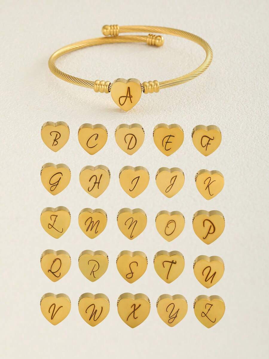 1pc Exquisite And Simple Gold Stainless Steel Heart With Letter Decoration Open Bracelet Children'S Jewelry Accessories Party Gifts Family And Friends Dress Up Accessories