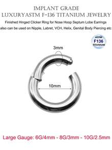 1 sztuka lekkich, kwalifikowanych ASTM F136 tytanowych kółek do nosa z zawiasami, do przegrody nosowej, chrząstki, helisy, Daith, Tragusa, Rook Conch, wargi, płatka ucha, kolczyk do przegrody nosowej dla kobiet i mężczyzn, biżuteria do ciała, duży rozmiar 10G, 8G, 6G, 8-19 mm