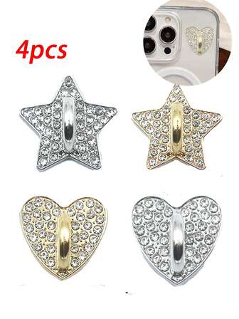 1/2/4 piezas Colgantes con dijes en forma de corazón/estrella con rhinestones, decoración de metal con brillo al estilo coreano Ins para fundas de teléfono, versátil para cordón de teléfono, llavero, compatible con todas las fundas de teléfono