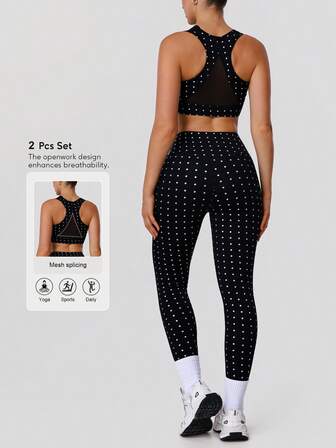 Sodalemon Conjunto de 2 piezas de mujer para entrenamiento en el gimnasio: Sujetador deportivo con espalda de malla calada y lunares, leggings elásticos de running, yoga y deporte al aire libre
